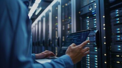 IT professional checking a tablet while standing in a server room filled with illuminated server racks.