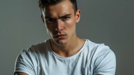 Fototapeta premium Young man in t-shirt on light background. Mock up for design