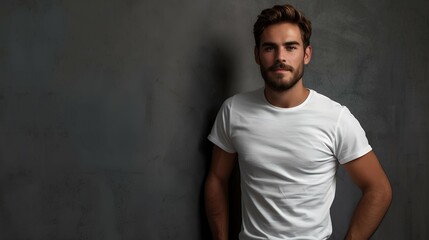 Young man in t-shirt on light background. Mock up for design