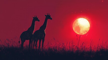 Fototapeta premium Two giraffes standing against a vibrant sunset backdrop. The sky is painted with hues of deep red and orange, highlighting the silhouettes of the giraffes.