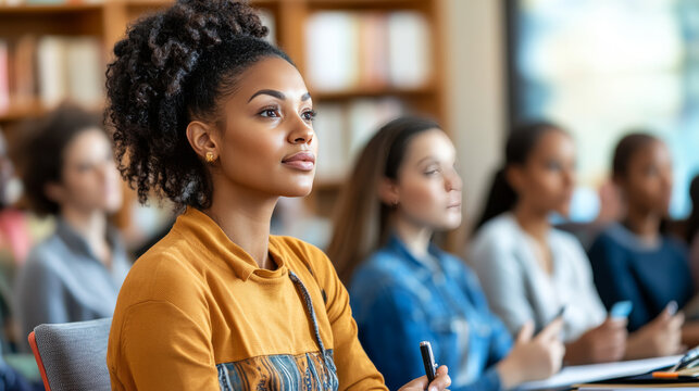 Focused woman in seminar, listening attentively with an engaged expression. audience is captivated by presentation.