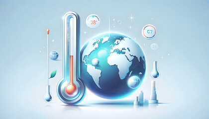 Dynamic Flat Glossy Thermometer & Globe Illustration with Holographic Temperature Readings for Climate Goals - Ideal for Environmental Awareness Content