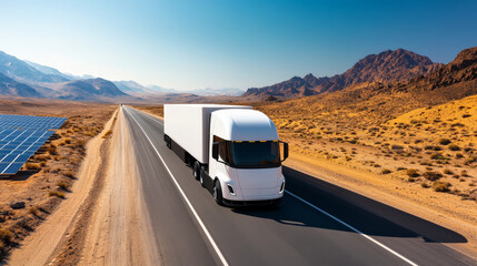 Electric long haul truck driving on desert road with solar panels in background, showcasing sustainable transportation in scenic landscape.