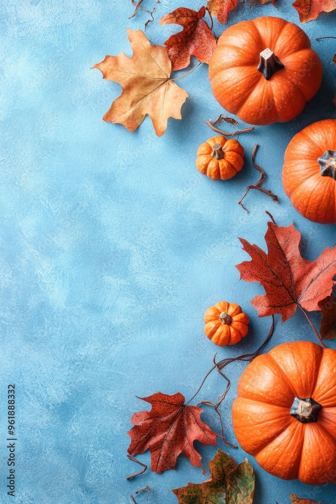 Wall mural A blue background with a bunch of orange pumpkins and leaves