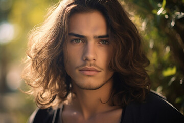 Fototapeta premium Young male model with long hair, nature background, soft daylight, relaxed pose, natural tones, detailed close-up of face, warm and soft expression, blurred foliage.