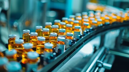 Obraz premium Bottles filled with orange liquid move along the assembly line in a pharmaceutical factory, highlighting precision and automation.
