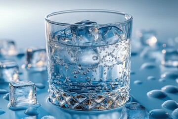 Sparkling Water with Ice Cubes in a Glass
