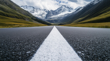 white dividing strip on the road on the way to the mountains
