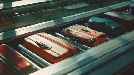 Airport conveyor belts transport various suitcases, highlighting themes of travel, movement, and the journey of personal belongings.