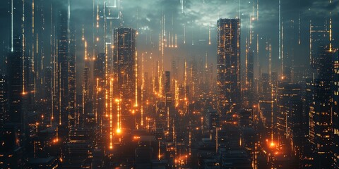 Fototapeta premium Futuristic city skyline with glowing lights.