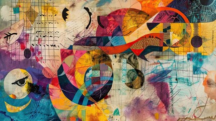 Overlapping textures and vibrant doodles on a colorful Dadaism backdrop