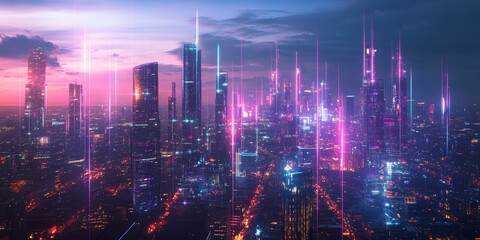Fototapeta premium Neon lights illuminate a futuristic city skyline.