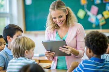 Teacher engages young students using tablet in bright classroom setting