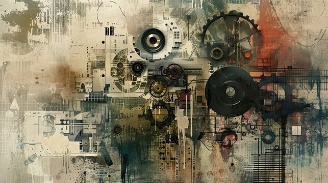 Dadaism background with abstract symbols and mechanical parts in soft lighting