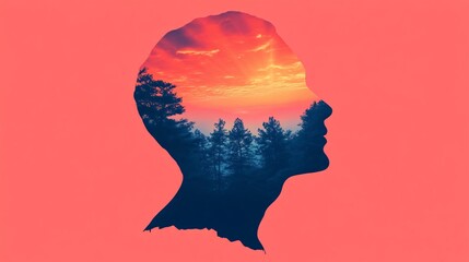 Silhouette of a person's profile with a vibrant sunset and forest blending into the design.