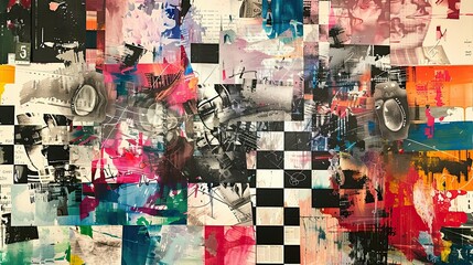 Vibrant paint splashes and distorted patterns create a dynamic Dadaism backdrop