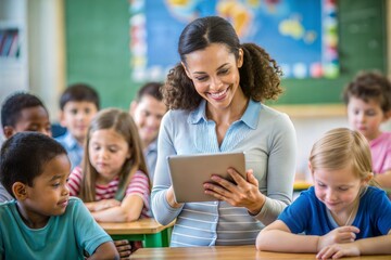 Smiling teacher with tablet engaging students in colorful classroom learning environment