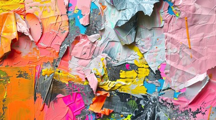 Fototapeta premium Crumpled paper textures and neon brushstrokes blend in a chaotic Dadaism wallpaper
