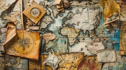 Fototapeta premium Collage of vintage maps and abstract doodles blend into a soft Dadaism backdrop