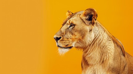 A regal lioness gazes intently against a bold orange backdrop, capturing her strength and grace in an artful, striking portrait.