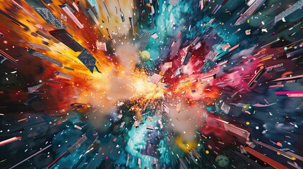 Fototapeta premium Vibrant paint splashes and film fragments create a dreamlike Dadaism background