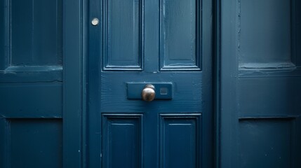 A close-up of a navy blue door with a brass doorknob, exuding a sense of elegance and mystery.
