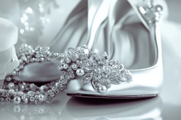 Bridal Accessories: Composition of Elegant Wedding Shoes and Silver Jewellery