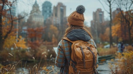 Woman with a backpack exploring a city park in autumn.