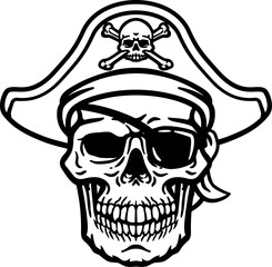 A pirate skull and crossbones jolly roger grim reaper cartoon wearing captain a hat and eye patch