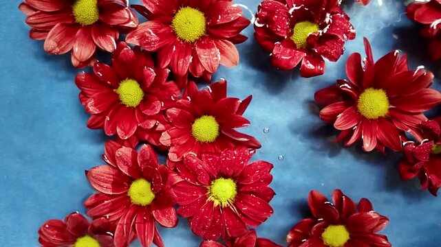 Dark red chrysanthemum flowers drift in the water. Dark red blossoms of chrysanthemum on dark blue background. Drops fall on the flowers. Concept of cosmetics, wellness, spa, self-care, Valentine's
