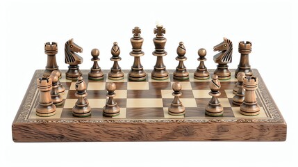 A wooden chess set with the pieces set up for the start of the game.