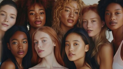 Obraz premium A diverse group of women standing close, showcasing a spectrum of natural beauty and different hair textures, embodying unity and empowerment.
