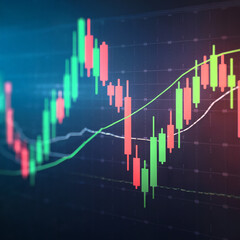 Naklejka premium D render of a candlestick chart with multiple candlesticks. The chart has a green and red color scheme, with the green candlesrepresenting buy orders and the red candles representing sell orders