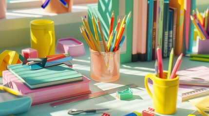 Obraz premium A colorful and vibrant desk scene with stationery like pencils, notebooks, rulers, and organizers, bathed in natural sunlight.