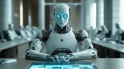 Artificial intelligence in boardroom setting, demonstrating future technology use in corporate decisionmaking processes