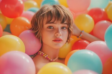 Obraz premium Cheerful Girl Surrounded by Colorful Balloons in Playful Atmosphere