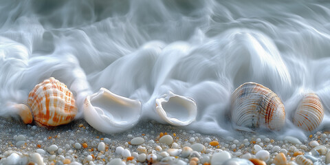Fototapeta premium Seashells on sandy shore with gentle waves washing over creating a peaceful coastal scene