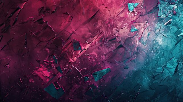 Neo-Expressionism background with deep burgundy and turquoise fragmented shapes softly lit