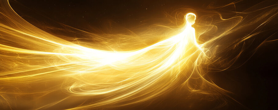 Smooth, elegant light trails in golden yellow and soft white wrapping around a glowing central figure in a dark space.