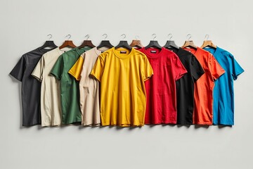 A captivating collection of colored t-shirt templates for men, featuring diverse fabric textures and prints. Each template is displayed individually to highlight its unique style and appeal.