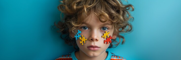 Child with puzzle piece stickers on face, portraying autism awareness and support, contrasting blue background, portrait photography for autism campaigns and educational materials.