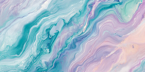 A light marble pattern with pastel blues, greens, and purples swirling together, accented by fine white veins.