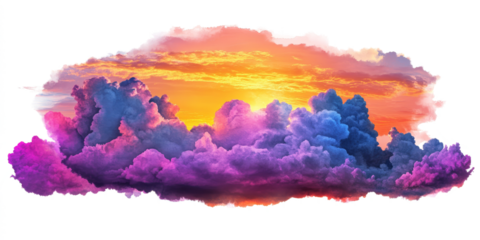 Celestial Canvas: A vibrant dreamscape of sunset hues igniting a symphony of purple and orange clouds, isolated on white for ethereal designs. 