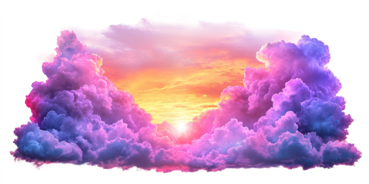 Dreamy Sunset Clouds: A captivating panorama of vibrant pink and purple clouds, bathed in the golden glow of a setting sun. The ethereal beauty of the clouds evokes a sense of wonder and tranquility, 