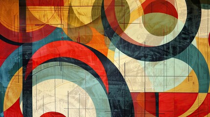Fototapeta premium Bauhaus wallpaper with swirling circles and straight lines in bold primary colors textured surfaces