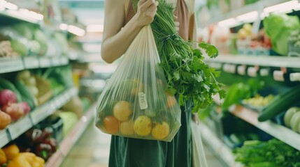 A shopper holding a plastic bag filled with fresh produce in a brightly lit grocery store aisle, representing healthy, green choices.