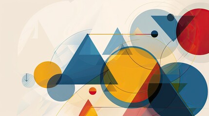 Bauhaus background featuring floating triangles and circles in primary colors soft gradients and shadows