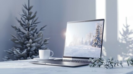 Modern Minimalism Laptop with Blank Screen and Coffee on a Sleek White Desk