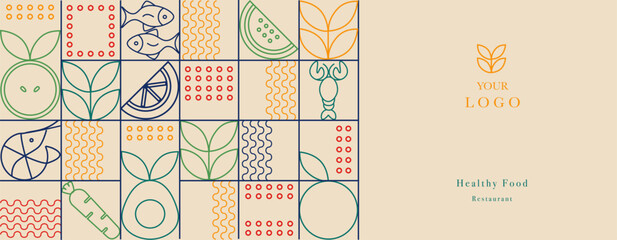 Hand drawn illustration of Bakery and Coffee. Icons. Abstract geometric line background. Gold luxury. Pattern for cover design, food package, menu, background, café wall, coffee shop, web banner