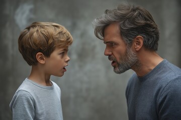 Father and son intense discussion, emotional confrontation between adult and child, family discipline moment, indoors closeup, parenting dynamics